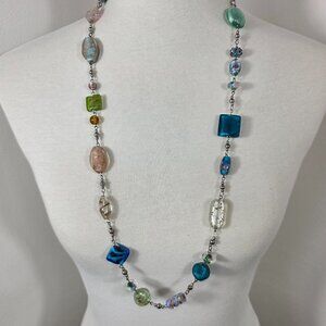 Premier Designs Venetian Necklace Multi-Shaped Art Glass Beads Silver Tone Chain